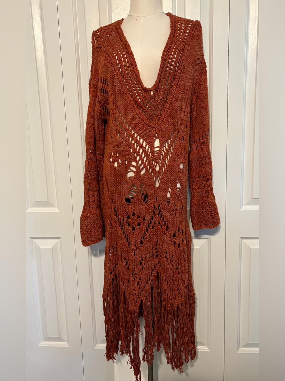 FREE PEOPLE, Burnt Orange Open-Knit Fringe Sweater Dress/Tunic